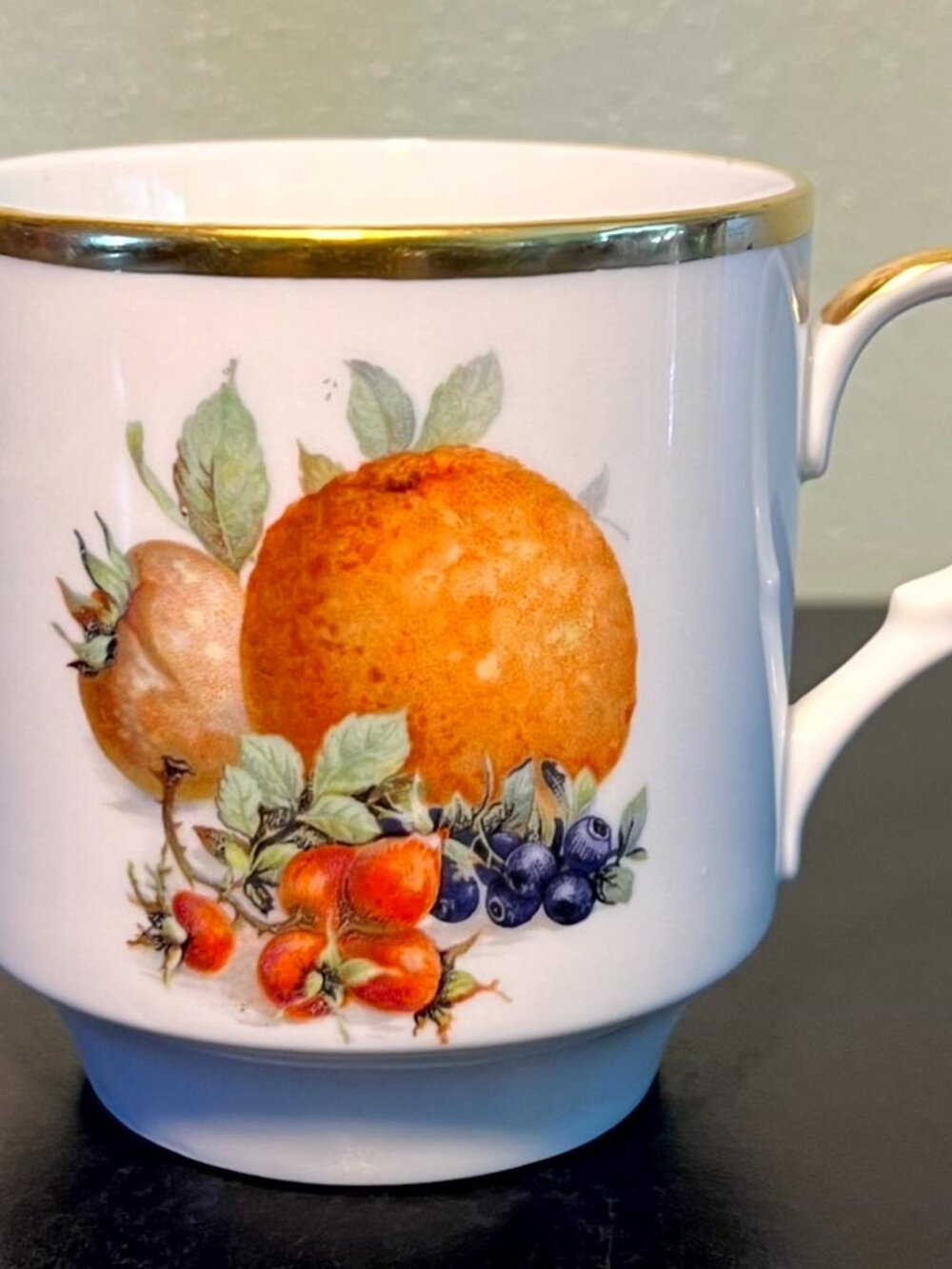 Vintage Schumann Arzberg Bavaria Fruit Mug Porcelain Gold Trim Germany 11oz Cup